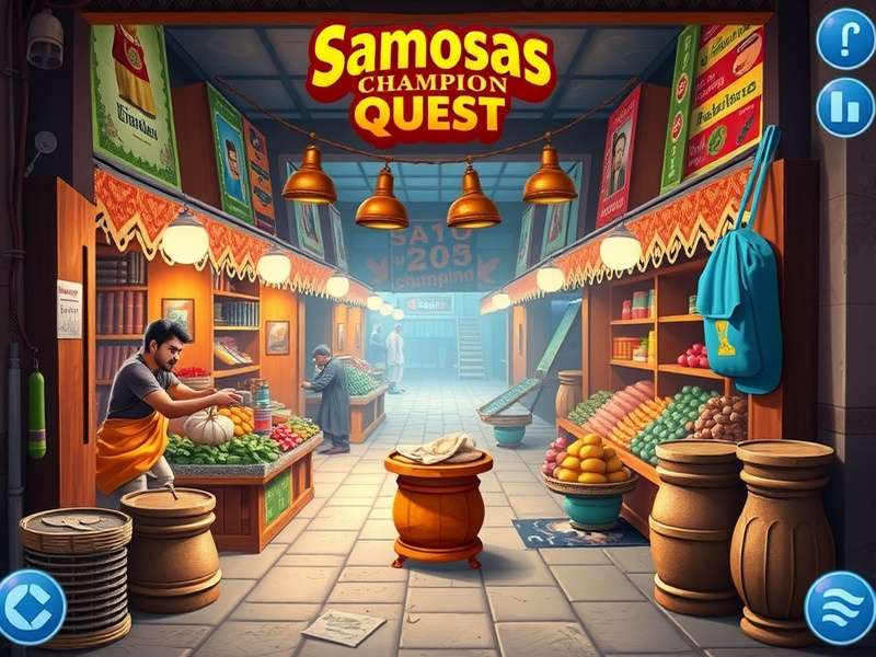 Samosas Champion Quest game screenshot showing colorful Indian market